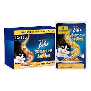 بورينا فيليكس سينسيشنز طعام قطط بنكهات الدجاج والسبانخ في جيلي ، 85 غرام حزمة من 12