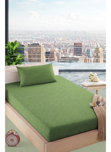 Faded Green Single Size Stripe Deep Pocket Bed Sheet Set Cotton 100x200+15cm