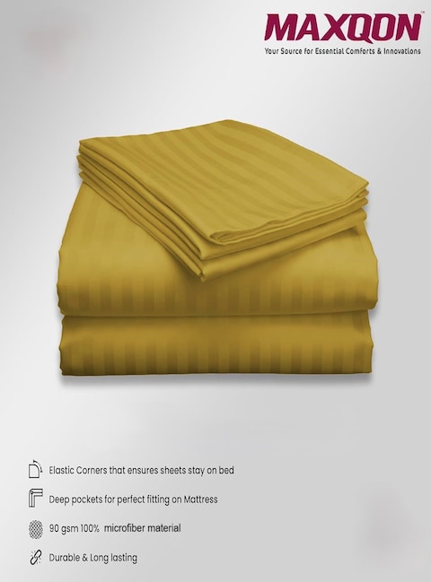 MAXQON Fitted Bed Sheet +2Pcs Pillow Covers, Queen Size 150x200+20cm, Color Gold