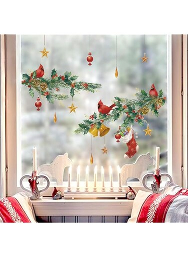 BPA&reg; Christmas Cardinal Pine Wall Stickers Birds Branch Gold Bells Wall Decals Door Party Window Clings Showcase Decoration