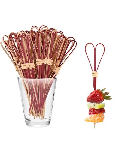 Bekecidi Bamboo Cocktail Sticks, 100 PCS Food Picks Natural Bamboo Knot Skewers Fruit Sticks Bamboo Toothpicks Cocktail Garnish Stick for Drinks, Canapes, Appetizers Food Party Supplies 12cm (Red)