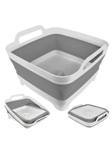 Wash Basin with Drain Plug, 2.4 Gallon Portable Sink for Baby Bottles, Camping, RV, and Dishwashing, Space-Saving Design (Gray)