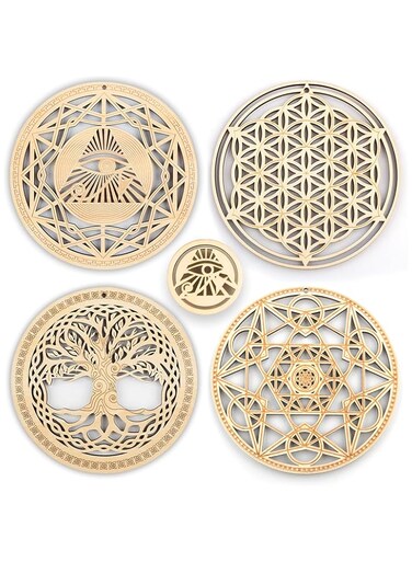 Qallicon 5.31" Sacred Geometry Wall Art 4 PCS Set, (The Eye of Horus, The Flower of Life, The Tree of Life, Metatron's Cube) Crystal Grid Meditation Chakra Wooden Wall Art Yoga Decor Spiritual Gifts