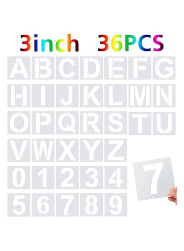 FEBSNOW 36 Pieces Large Alphabet Letter Stencils Number Stencils Reusable Letter Stencils for Painting on Wood Wall Fabric Rock Chalkboard Glass (3 Inches)