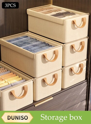 3 Pcs Clothing Storage Box with Lid&iuml;&frac14;&OElig;Foldable Stackable Closet Storage Bin with Handles and Clear Window&iuml;&frac14;&OElig;Closet Storage Organizer with Metal Frame&iuml;&frac14;&OElig;for Organizing Clothing Jeans Toys Book