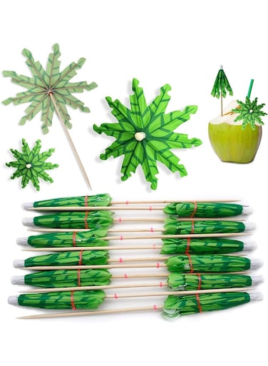 Pcs Coconut Palm Tree Drink Umbrella Picks, 15cm Green Cocktail Paper Parasol Sticks, Bamboo Fruit Toothpicks for Tropical Party, Ice Cream, Cake, Smoothie Decoration