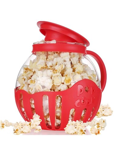 NALACAL Microwave Popcorn Popper, Glass Original Popcorn Jar 2.25QT with Silicone Lid, BPA Free, Dishwasher Safe Red