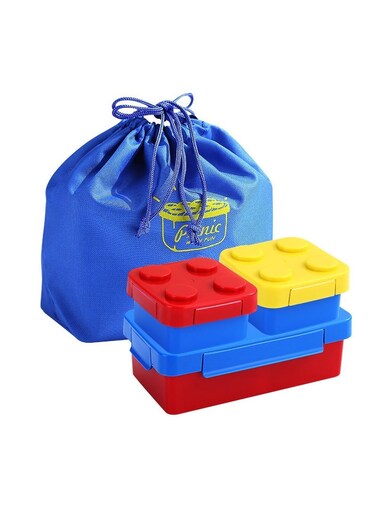 Creative Stackable Block Style PP Lunch Box 3 Separate Compartments Snack Fruit Salad Container Funny Food Bento Box with Bag for Kids Child Toddlers Picnic Camping Outdoor
