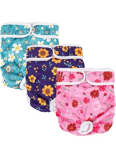 Mumoo Bear Dog Nappies Female - Washable Female Period Pants for Dogs Pets, Incontinence Reusbale Dog Heat Diapers 3Pack (Flowers three, M)