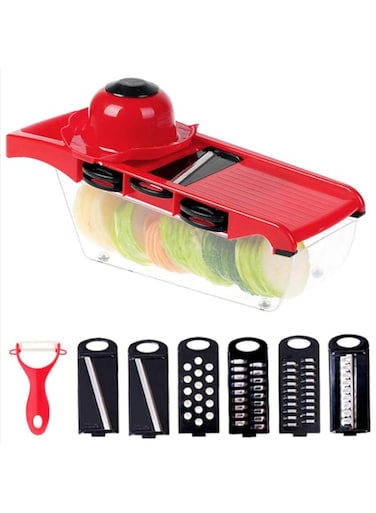 Rnigg Vegetable Choppers Slicer Dicer, Onion Salad Veggie Chopper Food Cutter Manual Mandoline Slicer, Ribbon and Spiral Slicer with Container, Anti-slip Kitchen Potato Tomato Cutter Julienne (Red)