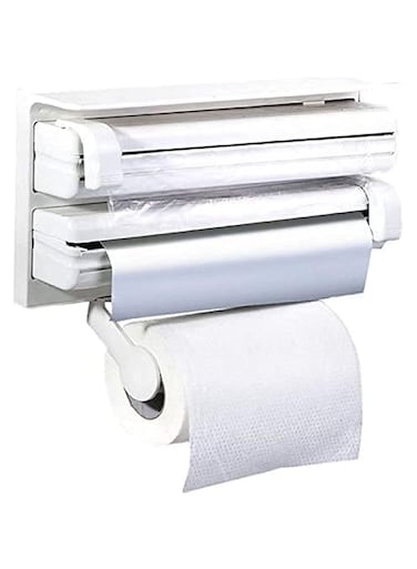 Plastic Triple Tissue Paper Dispenser 4 in 1 Foil Cling Film Tissue Paper Roll Holder for Kitchen Triple Paper Roll Dispenser and Holder for Tissue Paper Roll, Kitchen Tissue Holder Stand