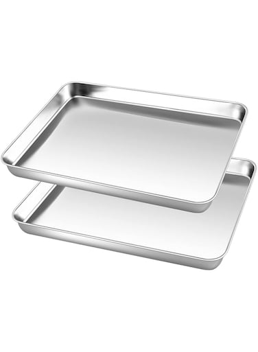 Onader Small Baking Tray, Stainless Steel Oven Trays Cookie Sheet Pan, Set of 2 Perfect for Baking Cooking Serving, Non Toxic &amp; Healthy, Heavy Duty &amp; Mirror Finished &amp; Dishwasher Safe, 26.4x20.4x2.5cm