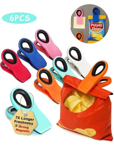 6 Pcs Chip Clips Bag Clips, Binder Clips, Office Paper Clamps, Magnetic Food Clip for Bread Bag, Refrigerator, Snack, Kitchen, Office, Packages, Colorful Plastic Clip Heavy Duty