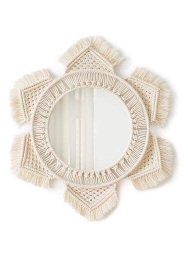 Boho Wall Mirror Decor Round Macrame Hanging Wall Art Decoration for Bedroom Nursery Living Room Apartment Office Entryways Home, Teen Girl Mothers Gift, Ivory white