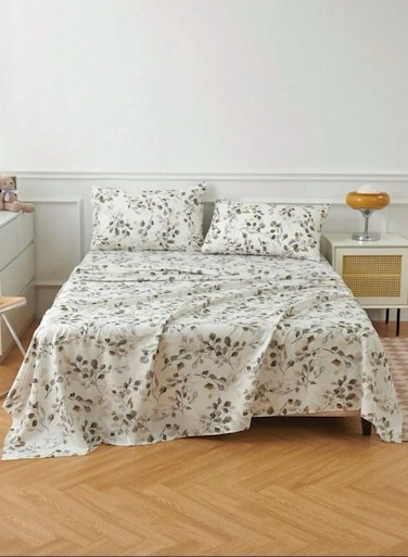 Home 4 Pieces Bedsheet Set Leaves design, Grey.