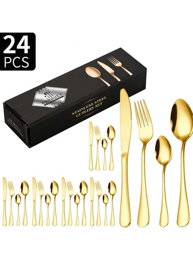 24-Piece Stainless Steel Cutlery Set Gold Finish
