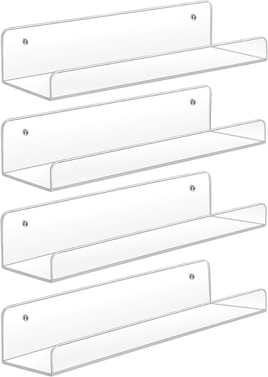 Sooyee Acrylic Shelves - 4 Pack 15 Inch Floating Wall Mounted Shelves for Kids and Home Decor