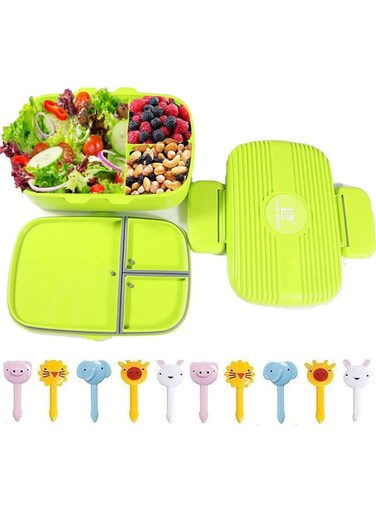 Box with Mini Fruit Fork 850 ML Kids School Daycare Bento Bento Box with Cutlery Leak Proof 3 Compartment Lunch Container (Green)