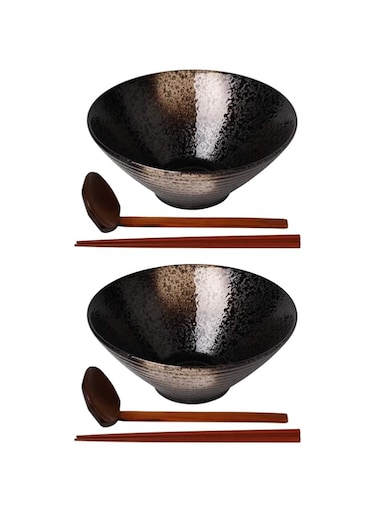Kanwone Ceramic Japanese Ramen Bowl Set, Noodle Soup Bowls - 37 Ounce, with Matching Spoons and Chopsticks for Udon Soba Pho Asian Noodles, Set of 2, Black