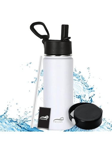 MEEMS 550ml/18oz Double-Walled Insulated Flask with 2 Sturdy Lids and Straw, BPA-Free Stainless Steel Thermos &ndash; Keeps Liquid Hot/Cold for Up to 6-12 Hours, Leakproof Sports Vacuum Mug (White) (White)