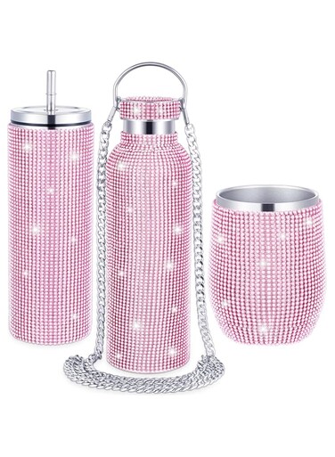 Rtteri 3 Pcs Bling Water Bottle Rhinestone Stainless Steel Bling Cup Stemless Glitter Tumbler Insulated Rhinestone Tumbler with Chain, Lid and Straw for Women Coffee Martini Wine Cups Mug (Pink)
