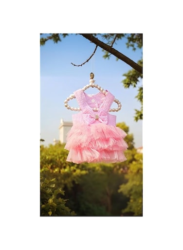 Sweet seven Striped Mesh Dog Dress - Adorable Princess Vest with Bowknot for Small Dogs and Cats (Pink, Size S)