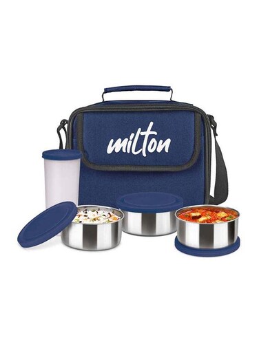 Stainless Steel Lunch Box Tiffin &acirc;&euro;&ldquo; 3 Stainless Steel Containers (280ml Each) and 1 Plastic Tumbler with Lid (400ml) with Fabric Jacket, Food Container for School, Office, Combi, Blue Blue