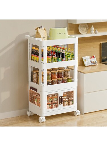 East 4 Layers Plastic Storage Organizer with Wheels, 1 Door+1 Low Shelf+1 High Shelf for Dresser Closet Bedroom, 50 x 31 x 91 cm, White