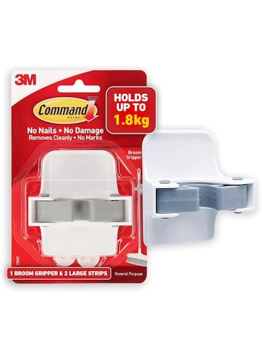Command Broom Gripper,1 Hook and 2 Strips,Self Adhesive,Damage Free Walls, Holds 1.8kg,White