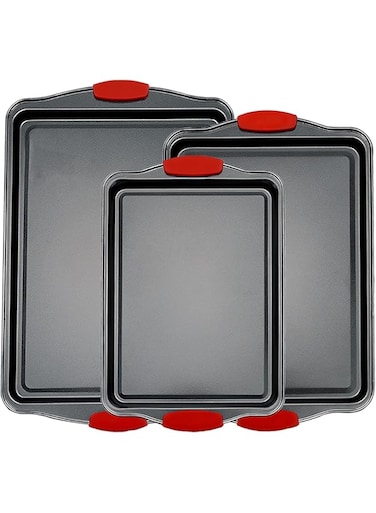 LENND Premium Non-Stick Baking Sheets 3 Piece Set - Deluxe PBA Free, Easy to Clean Racksw/Heat Red Silicone Handles - Bakeware Pans for Cooking Baking Roasting Oven Safe