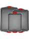 LENND Premium Non-Stick Baking Sheets 3 Piece Set - Deluxe PBA Free, Easy to Clean Racksw/Heat Red Silicone Handles - Bakeware Pans for Cooking Baking Roasting Oven Safe