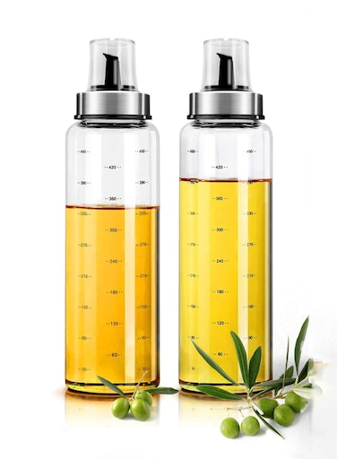 Olive Oil Dispenser Bottle, 500ml Large Capacity Oil and Vinegar Dispenser Glass Oil Jar Borosilicate High Precision Scale with Lid Kitchen Seasoning Bottle Cooking Oil Container (2 Pieces)