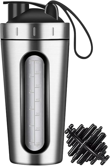 Funito Protein Shaker Bottle, 0.8kg Shaker Bottles for Protein Mixes and Pre Workout, Protein Shaker Cup with shaker ball, Visible Window, Stainless Steel Shaker Bottle Leak Proof (silver)