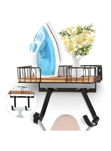Koeay Ironing Board Holder Wall Mount(T&amp;V Shaped) for Laundry Room, Ironing Iron Board Hanger Wall Mount with Shelf, Metal Iron Holder Wall Mount with Storage Wood Base Basket, Removable Hooks, Black