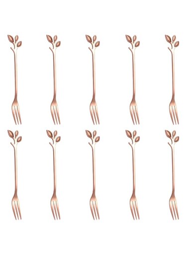 AnSaw 10 Pcs Stainless Steel Rose Gold Leaf Creative Appetizer Cake Fruit Forks Set 4.7 Inches Tasting Dessert Forks Kitchen Accessory Wedding Party (Rose Gold-10Forks)