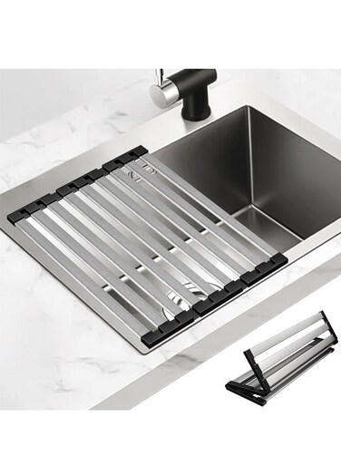 14.96" X 12.8" Roll Up Dish Drying Rack, 304 Stainless Steel Over Sink Dish Drying Rack, Foldable Heat-Resistant Dishes Drainer for Kitchen and Sink Counter