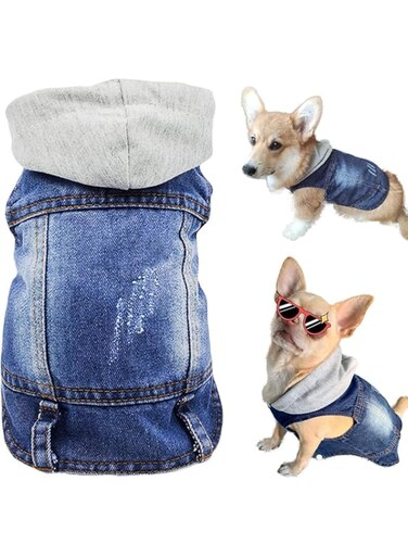 NALACAL Dog Jeans Jacket, (L-Size) Blue Denim Dog Hoodie Pet Denim Costume Washable Dog Vest Cool Dog Apparel Doggy Lapel Vest Canine Denim Apparel Outdoor Dog Coat for Small Medium Dogs Cats