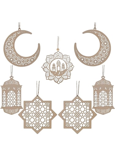 PopManko Ramdan Decorations, Wooden Pendant Eid Ramadan Decorations for Home, Ramadan Eid Mubarak Hanging Moon Star Wind Light Castle Shape Ornament Eid Al Adha Decorations