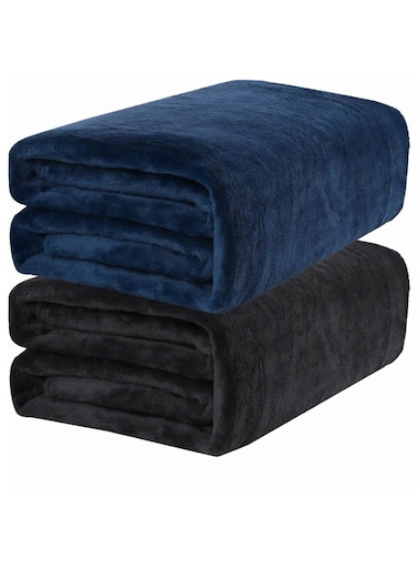 2-Pc Single Blanket 280 GSM Microfiber Fleece Flannel Bed Blanket Super Plush and Silky Throw Blanket, Size 150 x 200cm,Black/Navy