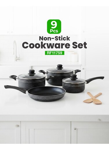 Ritz 9-Piece Non-Stick Cookware Set- Aluminum Body With 3-Layer Construction Cd Bottom Bakelite Handles And Glass Lid Black Includes 1x Casserole With Lid 24x10 cm, 1xCasserole With Lid 20x9 cm,1xSaucepan With Lid 16x7.5 cm, 1xFry Pan 24x4.5 cm, 1xBamboo Turner, 1xBamboo Spoon. Black 24x10 cm