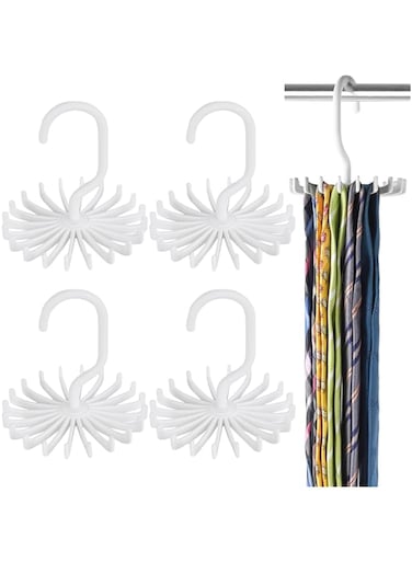 KASTWAVE 4PCS Adjustable Twirl Tie Racks, 360 Degree Rotating Scarf Hanger Hanging Holder Storage Hook for Belt Bra Tank Top Tie Scarf White