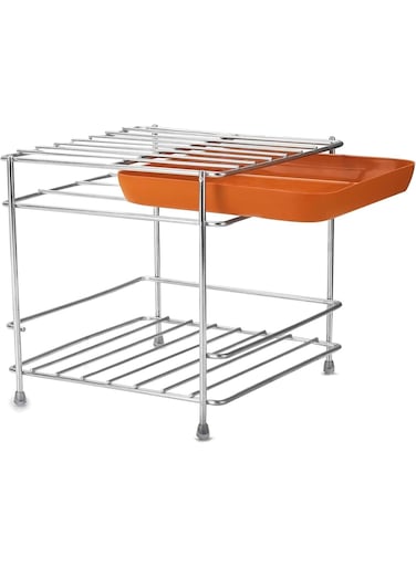Stainless Steel 2-Tier Dish Drying Rack with Removable Drip Tray   Utensil, Plate &amp; Bowl Drying Stand for Kitchen Countertop   Rust-Resistant Dish Rack (Silver with Tray)