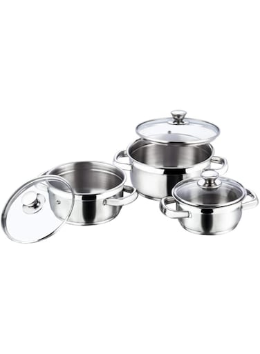 Vinod Bremen Stainless Steel Saucepot/Casserole/Cooking Pot/Serving Pot Set 6 Pcs-Capacity 1,1.5 &amp; 2 Litre with 3 glass lids 2.5mm Thick Base Riveted SturdyHandle Induction&amp;GasStove Friendly SASBottom