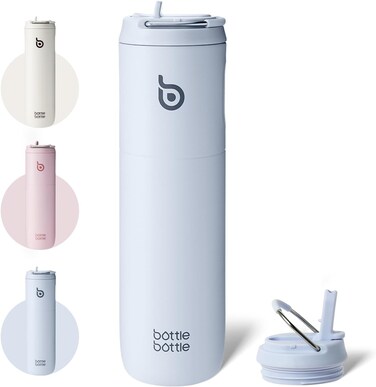 bottle Insulated Stainless Steel Water Bottle 24oz capacity. Includes Straw, Lid and Handle for Sports, Travel &amp; Gym. Maintains 24 hour cold liquids and up to 12 hours hot. Double-Wall Vacuum Metal, Leak Proof, BPA-Free - Baby Blue