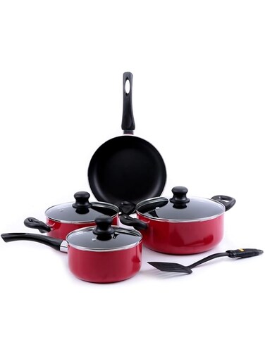 Royalford Cookware Set, 8 Pieces, Red, RF6082 Scratch Resistant, Tempered Glass Lids, 2.5MM Body Thickness, Bakelite Knobs, and CD Bottom