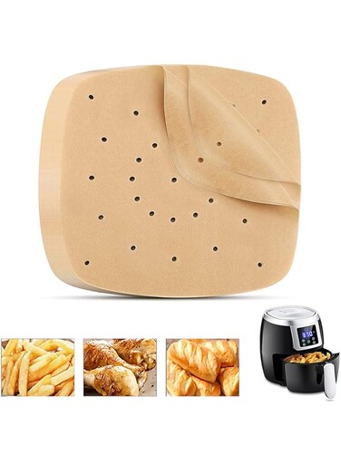 SparkSkies 100 PCS Air Fryer Parchment Paper - 8.5 inch Unbleached Square Air Fryer Liners/Steaming Parchment Liner/Perforated Parchment for Air Fryer, Steaming Basket and More