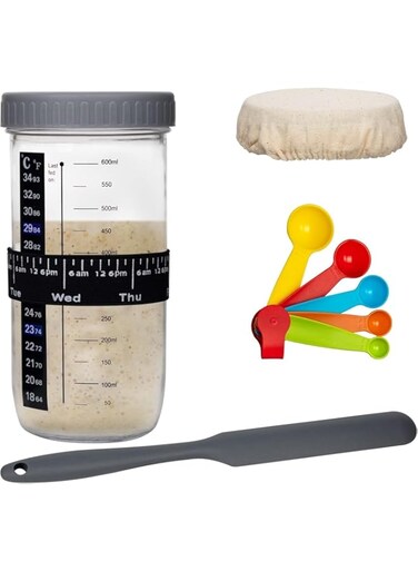 THE WHITE SHOP Sourdough Bread Starter Kit- Large Capacity Sourdough Starter Jar with 5 unique features for the perfect sour dough bread &amp; sourdough starter kit- sourdough bread baking supplies