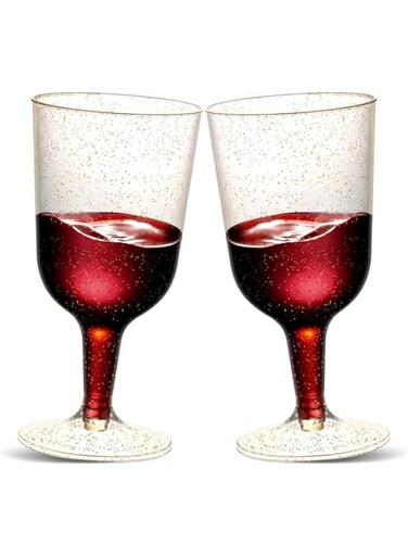 TENYASEN 30-Pack 6 Oz Mini Plastic Wine Glasses - Disposable Gold Glitter Stemware for Weddings, Parties, Cocktail &amp; Dessert Wines (Holiday/Events)