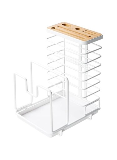 TERRIFI Kitchen Organizer, Versatile Knife Block Holder, Cutting Board Rack, Pot Lid Rack, Drying Rack with Draining Tray, White Countertop Storage Stand for Kitchen Organization