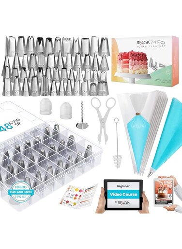 74PCs Icing Piping Bags and Tips Set-Cookie,Cupcake Icing Tips Cake Decorating Kit Baking Supplies -48 Numbered Cake Frosting Piping Tips with Reusable&amp; Disposable Pastry Bags with Pattern Chart&amp;Ebook